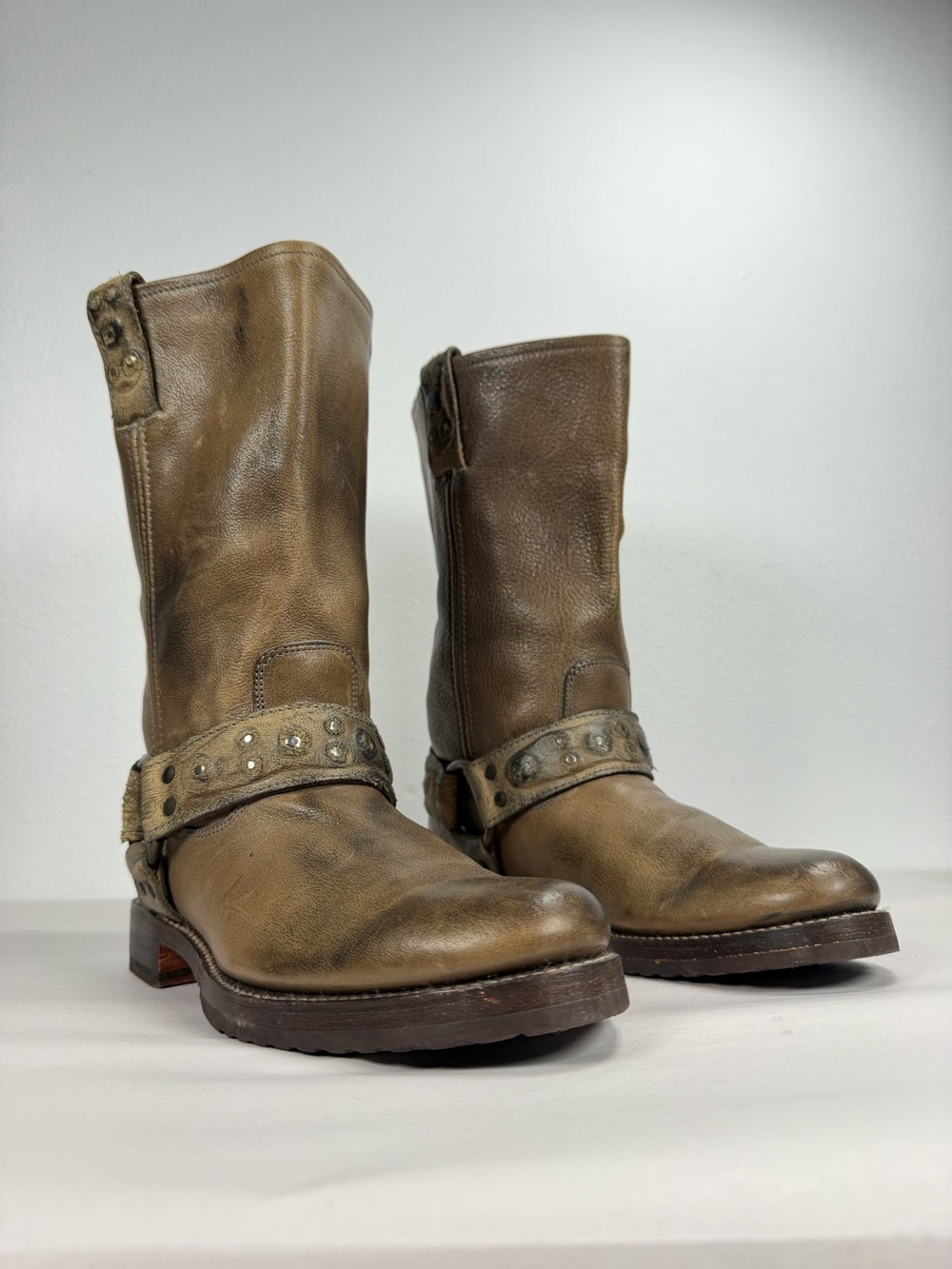 Frye Women's Harness Boots Size 9 B Brown Leather Studded Round Toe Moto Boots